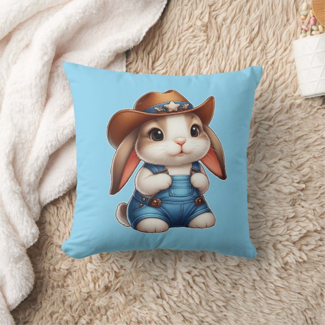 Bunny in Cowboy Outfit with Hat and Overalls Throw Pillow (Blanket)