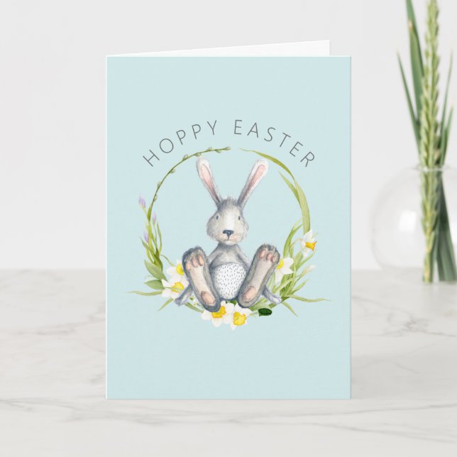 Bunny in Floral Wreath Cute Easter Greeting Holiday Card (Front)
