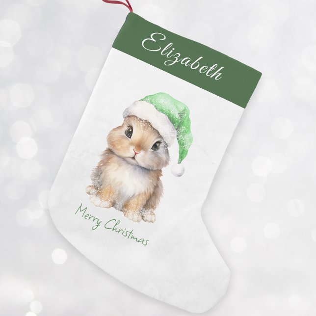 Bunny in Green Santas Hat Personalized   Small Christmas Stocking (Creator Uploaded)