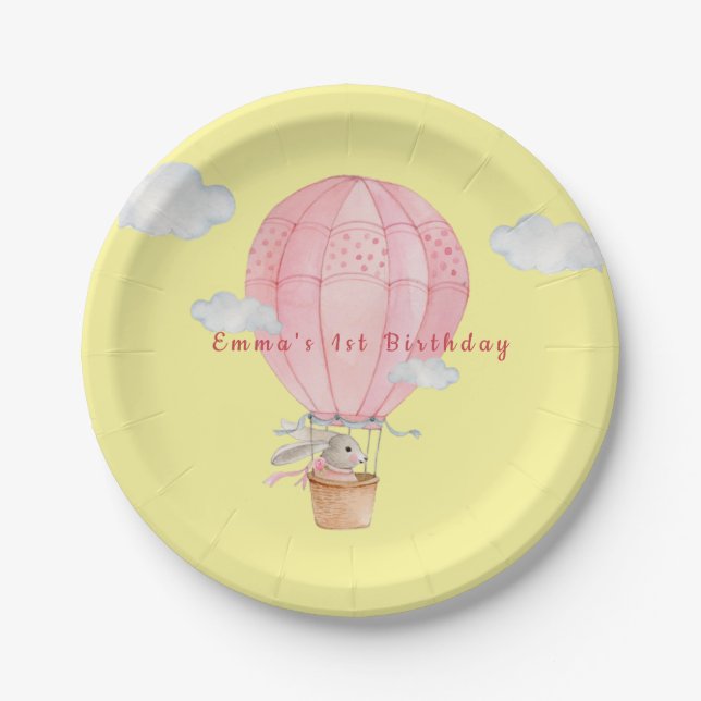 Bunny in Hot air balloon Baby's 1st birthday Paper Plate (Front)