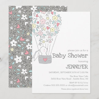 Bunny in hot air Balloon | neutral baby shower Invitation