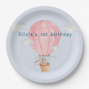 Bunny in Hotair balloon pastel colour birthday Paper Plate