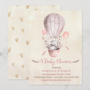 Bunny in Pink Hot Air Balloon Baby Shower Invitation