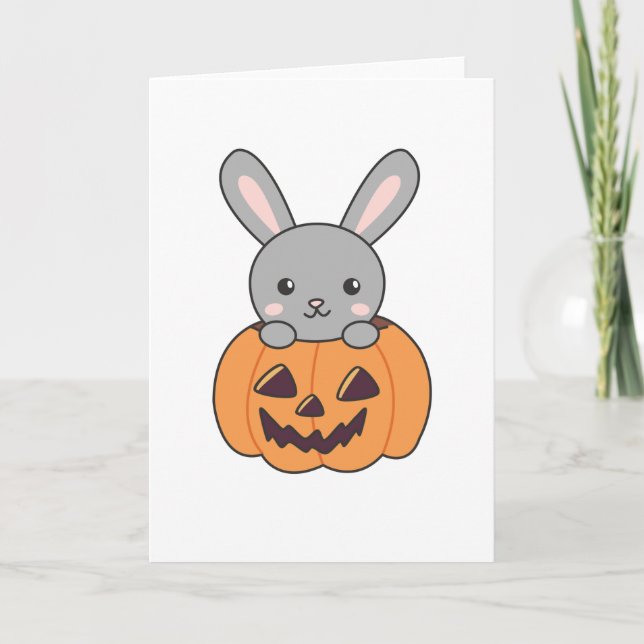 Bunny In Pumpkin Cute Bunnies Happy Halloween Card (Front)