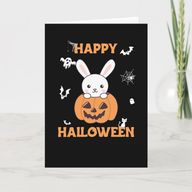 Bunny In Pumpkin Cute Bunnies Happy Halloween Card (Front)