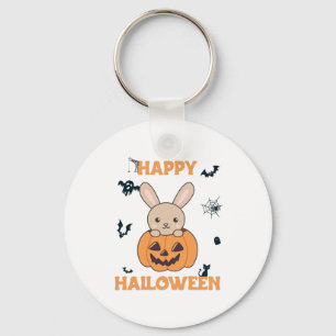 Bunny In Pumpkin Cute Bunnies Happy Halloween Keychain