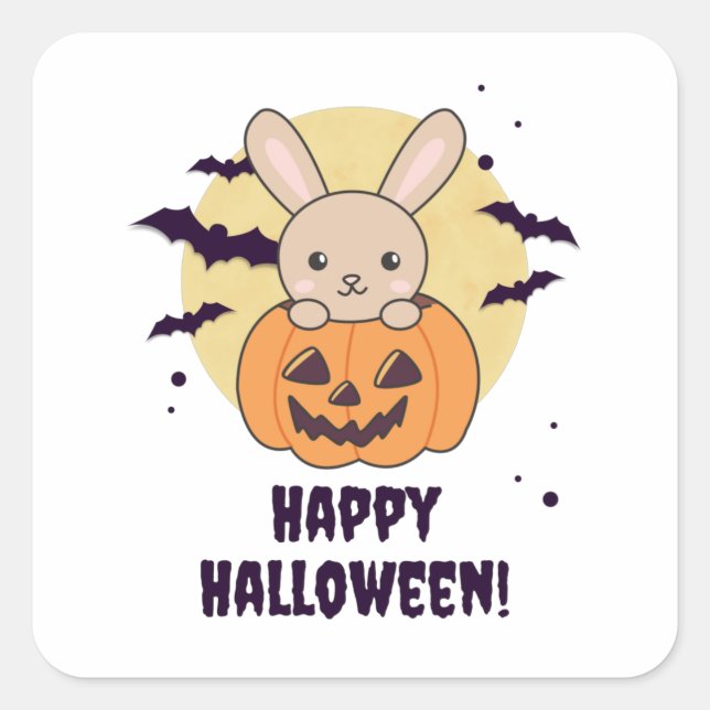 Bunny In Pumpkin Cute Bunnies Happy Halloween Square Sticker (Front)