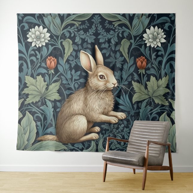 Bunny in the forest art nouveau tapestry (In Situ (Horizontal))