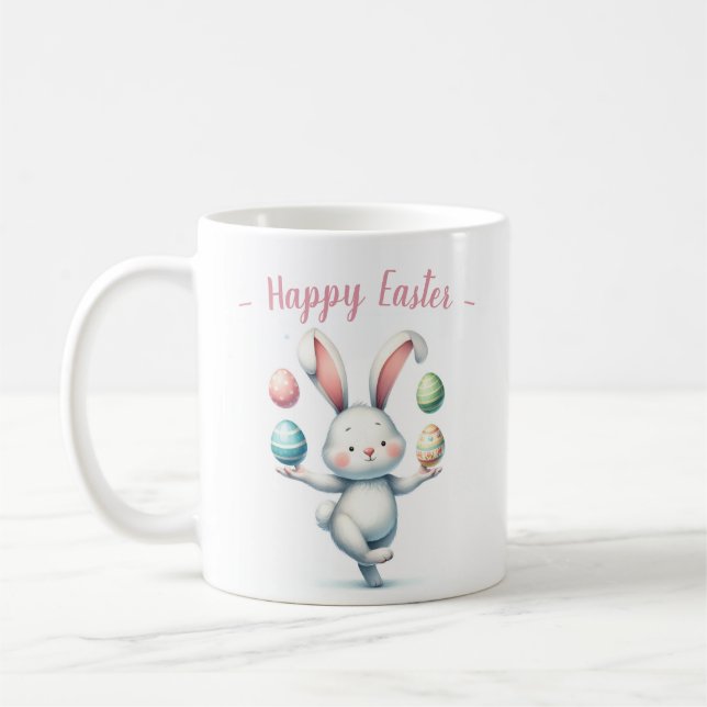 Bunny Juggling Colourful Easter Eggs Coffee Mug (Left)