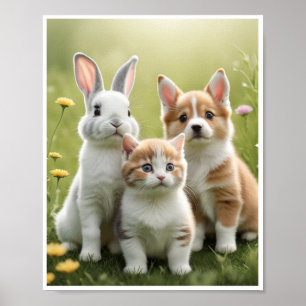 Bunny Kitten Puppy Meadow Mur Art Décor Poster