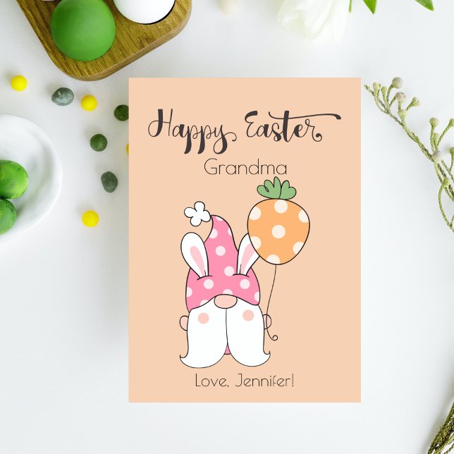 Bunny Lady Gnome With Balloon Happy Easter Script Holiday Card (Bunny Lady Gnome With Balloon Happy Easter Script - Personalized Holiday Greeting)