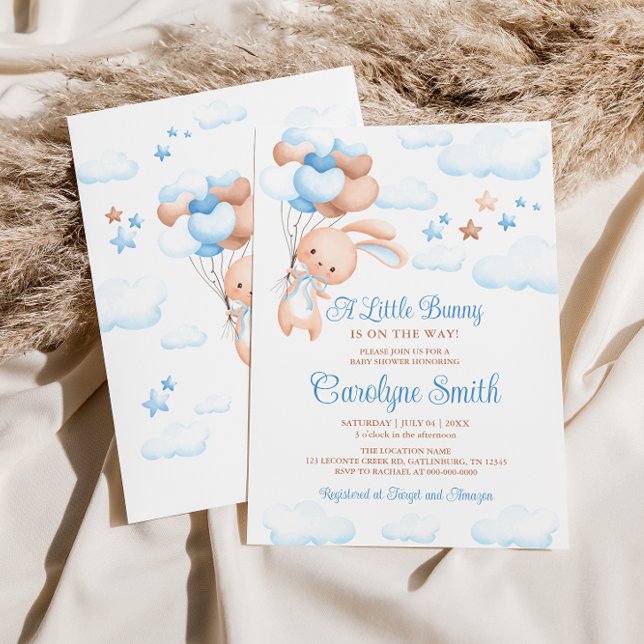 Bunny Lapin Blue Balloon Baby shower Invitation (Créateur téléchargé)