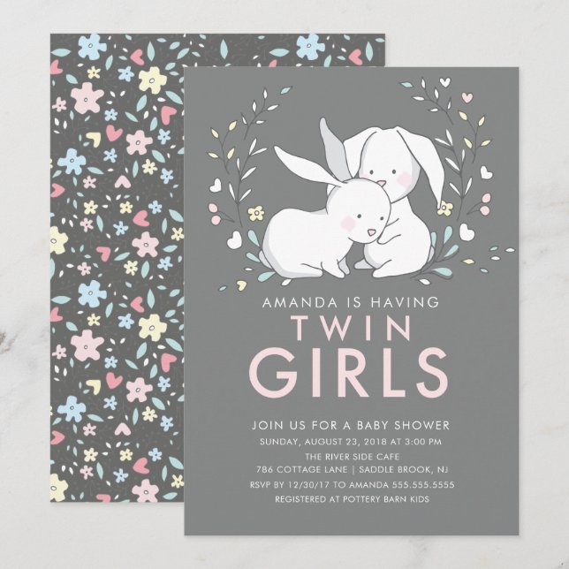 Bunny Love Twin Girls Baby shower Invitation (Devant / Derrière)