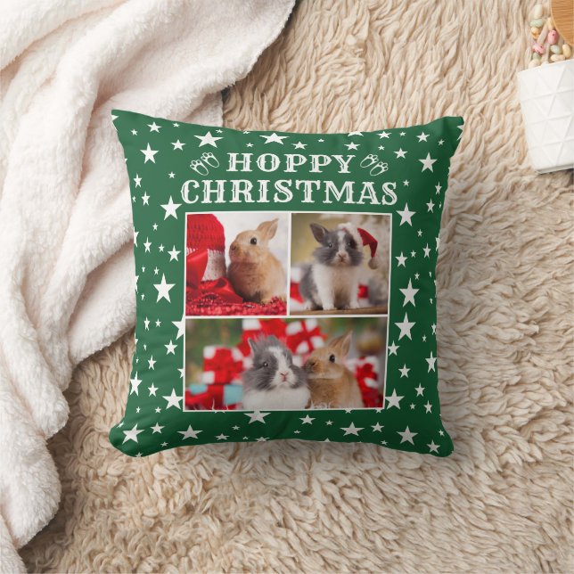 Bunny Lover's Festive Green Three Photo Christmas Throw Pillow (Blanket)