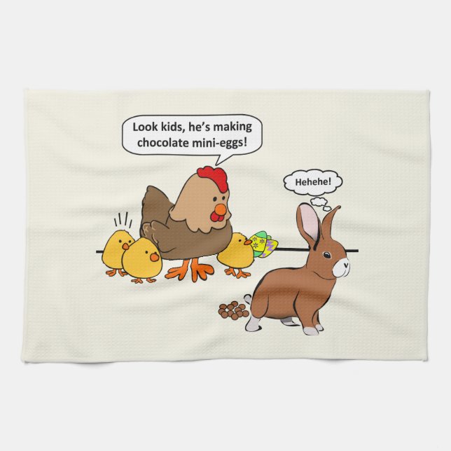 Bunny makes chocolate poop funny cartoon kitchen towel (Horizontal)