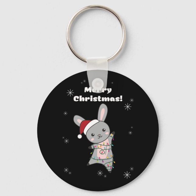 Bunny Merry Christmas Winter Animals Rabbits Keychain (Front)