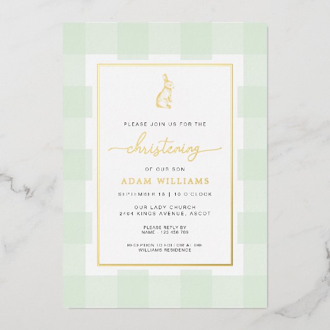 Bunny Mint Gingham Christening Foil Invitation (Front)