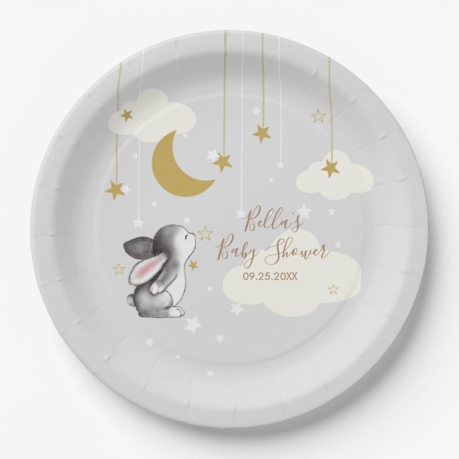Bunny Moon Star Cloud Baby Shower Paper Plate (Front)