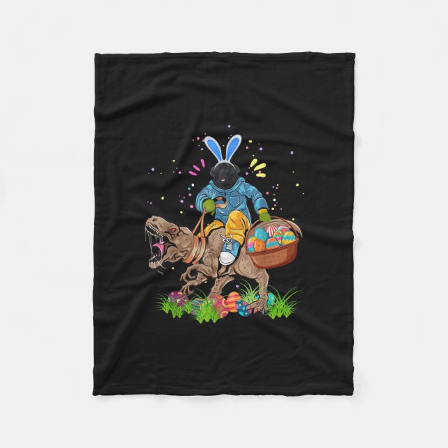 Bunny Newfoundland Dog Riding Dinosaur Easter Fleece Blanket (Front)