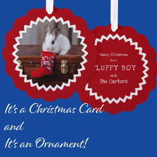 Bunny on Antique Trunk with Red Stocking Ornament Card
