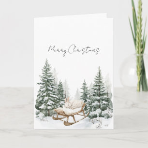 Bunny on Sleigh Snow Christmas Pine Trees Card