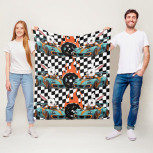 Bunny Orange Car Racing Print  Fleece Blanket