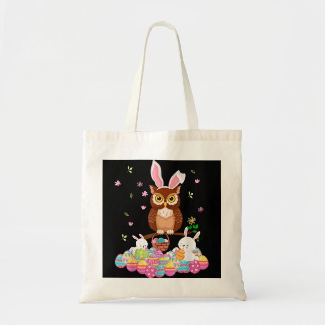 Bunny Owl Bringing Easter Eggs Basket Flower Owl  Tote Bag (Front)