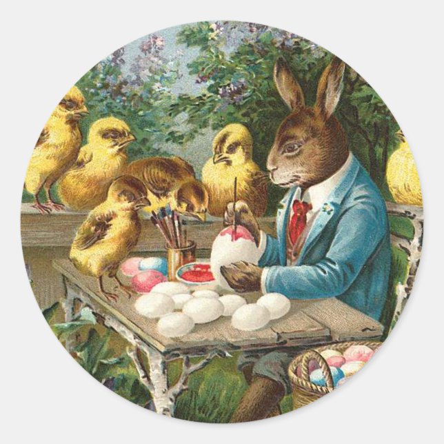 Bunny Painting Easter Eggs Vintage Classic Round Sticker (Front)