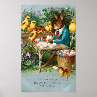 Bunny Painting Easter Eggs Vintage Poster