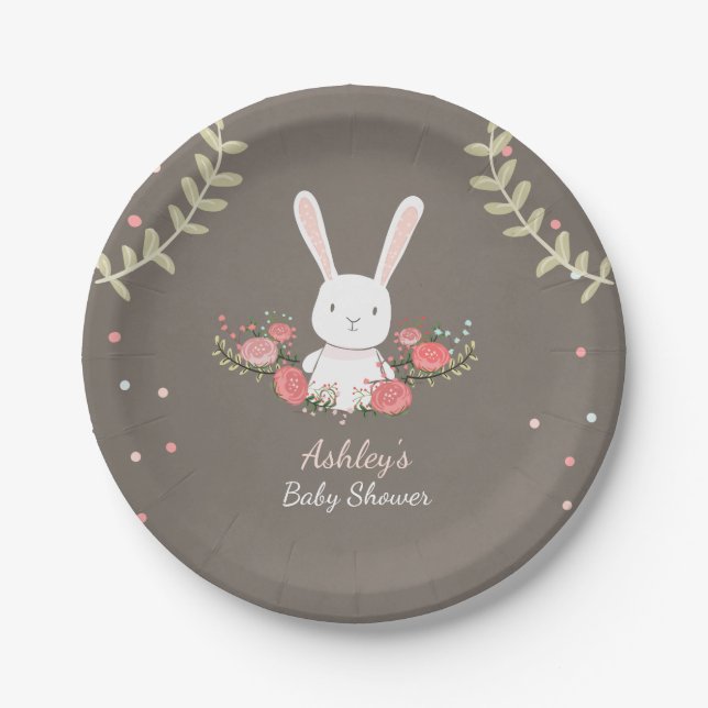 Bunny Paper Plates Baby shower Woodland Pink Girl (Front)