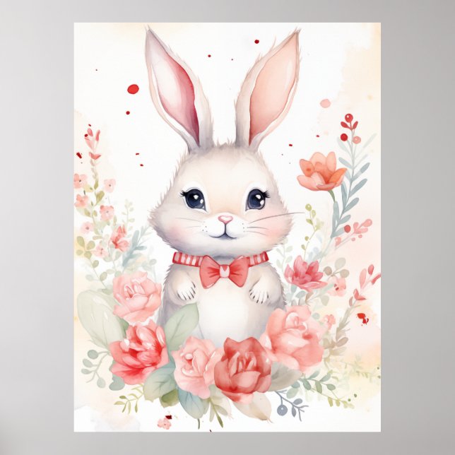 Bunny Pastel with roses and red bow Poster (Front)