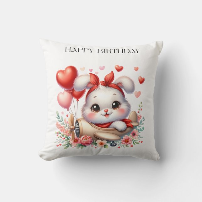 Bunny Pilot Birthday Throw Pillow (Front)