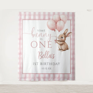 Bunny Pink Balloons 1st Birthday Backdrop Tapestry
