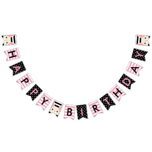Bunny Pink & Black Stripes & Hearts Happy Birthday Bunting Flags