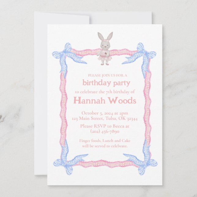 Bunny Pink Blue Coquette Ruban Party Invitations (Devant)