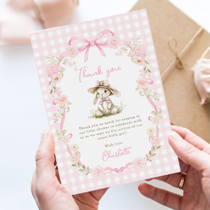 Bunny Pink Bow Gingham Baby Shower Thank You Card