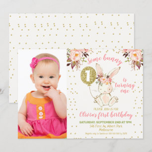 Bunny Pink Gold Photo 1er Invitation anniversaire