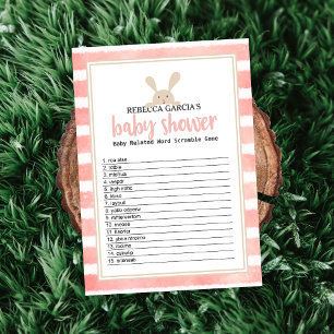 Bunny Pink Stripe Baby Shower Word Scramble Game Invitation