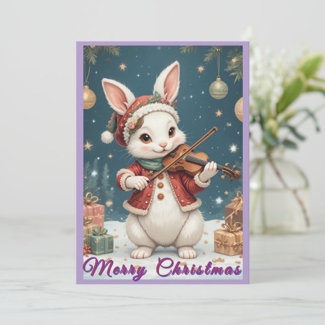 Bunny Playing Violine Christmas Flat Holiday Card (Standing Front)