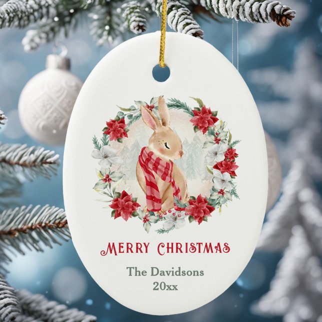 Bunny Poinsettia Watercolor Name Christmas Ceramic Ornament (Bunny Poinsettia Watercolor Name Christmas Ceramic Ornament)