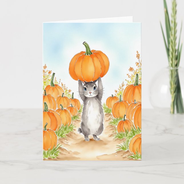 Bunny Pumpkin Patch Watercolor Card (Front)