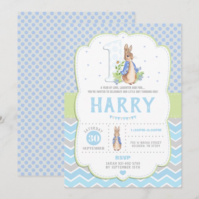 Bunny Rabbit 1st Birthday Invitations Boys (Front/Back)
