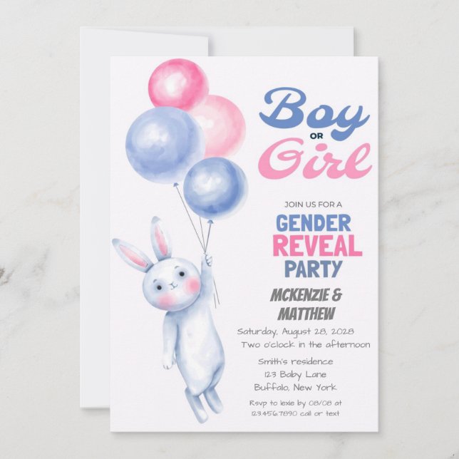 Bunny Rabbit and Balloon Gender Reveal Baby Shower Invitation (Front)