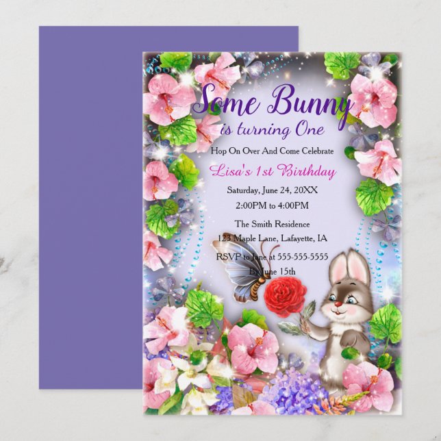 Bunny Rabbit And Butterfly 1st Birthday Invitation (Front/Back)