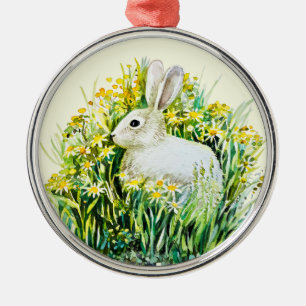 Bunny rabbit and yellow flowers metal ornament