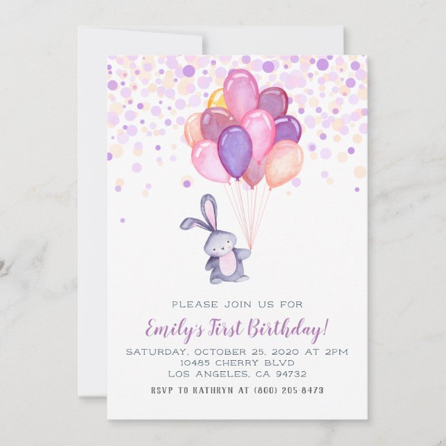 Bunny Rabbit Balloons Birthday Invitation (Front)