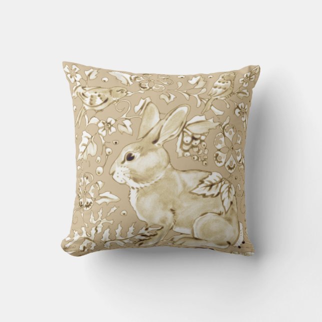 Bunny Rabbit Bird Beige Tan, Ivory Floral Elegant Throw Pillow (Front)