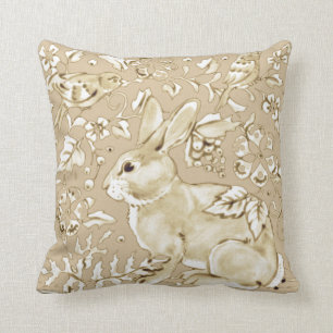 Bunny Rabbit Bird Beige Tan, Ivory Floral Elegant Throw Pillow