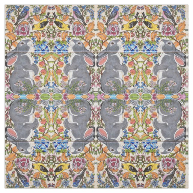 Bunny Rabbit, Birds Flowers Tiled Designer Fabric (Swatch)