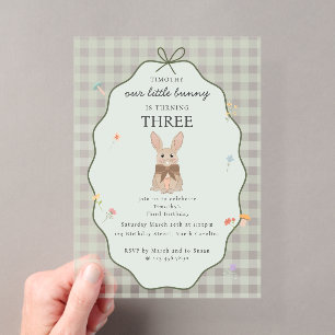 Bunny Rabbit Birthday Floral Sage Green Plaid Acrylic Invitations